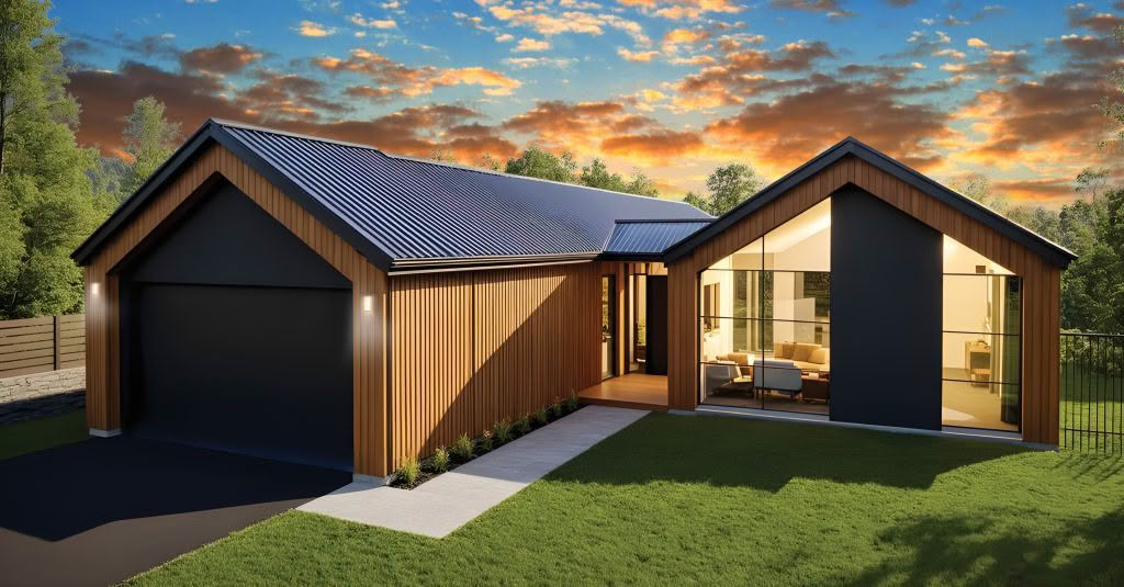 Modern single-storey Torere home design with timber vertical cladding, black metal roof, large floor-to-ceiling windows and integrated garage at sunset, showcasing contemporary architecture and the benefits of energy efficient homes.
